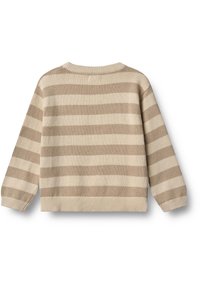 Beige och taupe randig stickad tröja med ribbad krage och muddar, med en lös passform och sänkta axlar. Texturerad garn detajl.