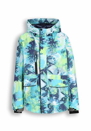 Wielokolorowa kurtka z niebieskimi, zielonymi i białymi abstrakcyjnymi wzorami. Posiada kaptur, dwie przednie kieszenie oraz kieszeń na zamek na piersi.
