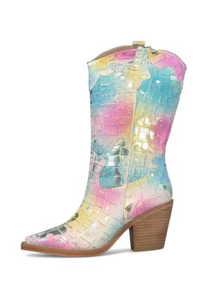 Knöchelhoher Cowboy-Stiefel mit Blockabsatz, spitzer Zehenpartie und multicolor-pastellfarbenem Leder mit Krokodilstruktur.
