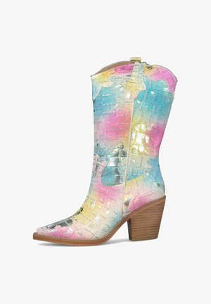 Cowboylaars tot halverwege de kuit met blokhak, puntige neus en een meerkleurig pastel krokodillenstructuur lederpatroon.