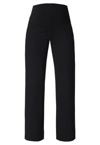 Zwarte wijde broek met hoge taille, zacht materiaal en een gladde textuur, ontworpen voor comfort en bewegingsvrijheid.