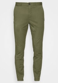 Olive green slim-fit pants made of a smooth, cotton-blend fabric. Features a button closure, belt loops, and four pockets.