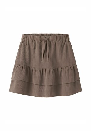 Jupe marron longueur genou avec taille élastique, cordon de serrage et détail à volants superposés sur fond blanc.