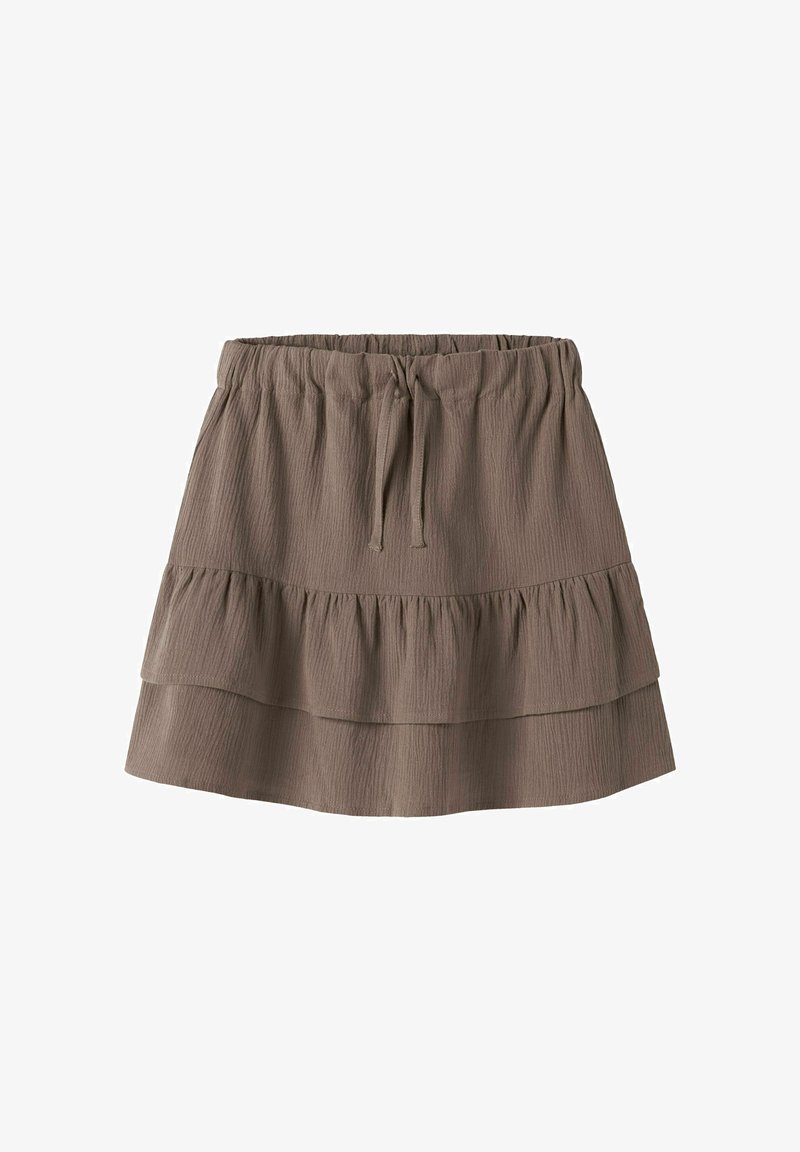 Jupe marron longueur genou avec taille élastique, cordon de serrage et détail à volants superposés sur fond blanc.