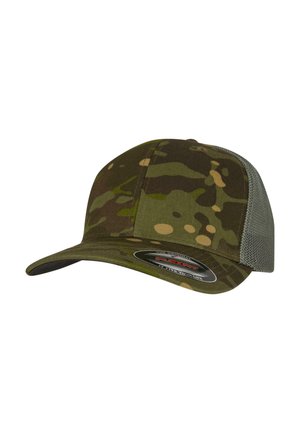 Kamufleret baseballcap med et grønt og brunt mønster, struktureret frontpanel, buet skygge og mesh-bagdel til ventilation.