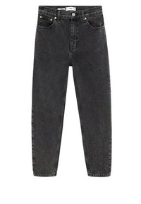 Jean en denim noir avec une coupe droite, dotés de cinq poches, de passants de ceinture et de garnitures en argent. Le tissu a une légère texture.