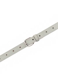 Ceinture en cuir gris clair avec une texture lisse, comportant plusieurs trous pour l'ajustement et une boucle en métal argenté.