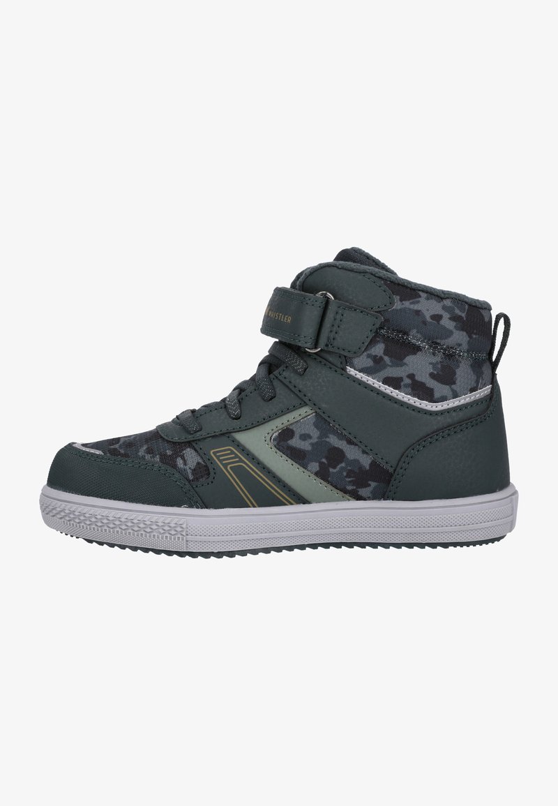 Zapatillas deportivas altas con un diseño en camuflaje verde oscuro, material sintético, cuello acolchado, correa de Velcro y suela de goma.