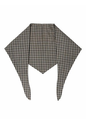 Écharpe triangulaire à carreaux noir et blanc avec deux longues extrémités effilées, posée à plat avec la pointe orientée vers le bas.