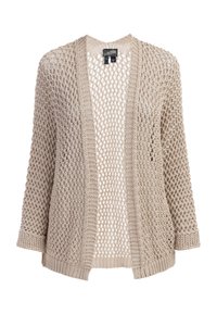 Beige gebreide cardigan met een open geweven ontwerp, voorzien van een V-hals en lange mouwen, gestructureerde randen en een relaxte pasvorm.