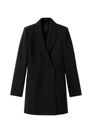 Blazer negro de doble botonadura hecho de tejido texturizado. Presenta un cuello con muescas, mangas largas y dos bolsillos frontales. Diseño minimalista.