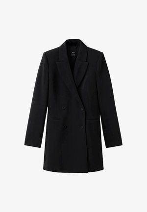Blazer negro de doble botonadura hecho de tejido texturizado. Presenta un cuello con muescas, mangas largas y dos bolsillos frontales. Diseño minimalista.