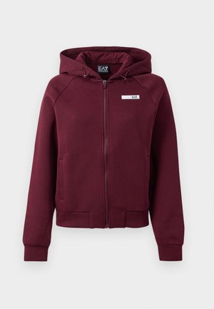 Hoodie zippé bordeaux en mélange de coton avec capuche, poches avant, poignets côtelés et logo EA7 sur la poitrine. Texture lisse.
