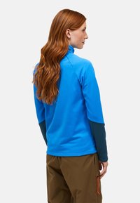 Blå fleece-trøje med høj krave og lange ærmer; har mørkegrønne detaljer på ærmerne og er parret med brune bukser.