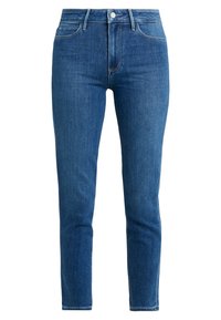 Sininen farkkushortsit, joissa on kapea malli, vetoketju- ja nappisuljenta, viisi taskua ja hienovaraisia kulumia. Keskipainoinen kangas.