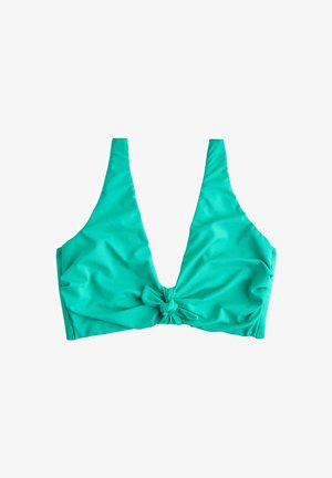 Turkusowy top bikini z szerokimi ramiączkami i ozdobą z przodu w formie supełka, na białym tle.