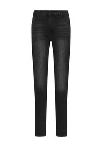 Vaqueros negros de corte ajustado con bolsillos frontales, cierre de botones y sutiles detalles de desgaste alrededor de las caderas y los muslos.