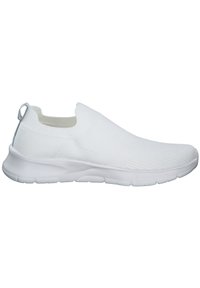 White slip-on athletic shoe, knitted upper with textured pattern, rounded toe, flexible sole, and tab at the heel for easy wear.