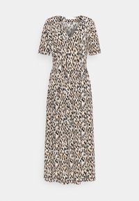 Sukně v béžové barvě s abstraktním vzorem v černé a hnědé barvě. Krátké rukávy, výstřih do V a elastický pas pro pohodlný střih. Hladký materiál.