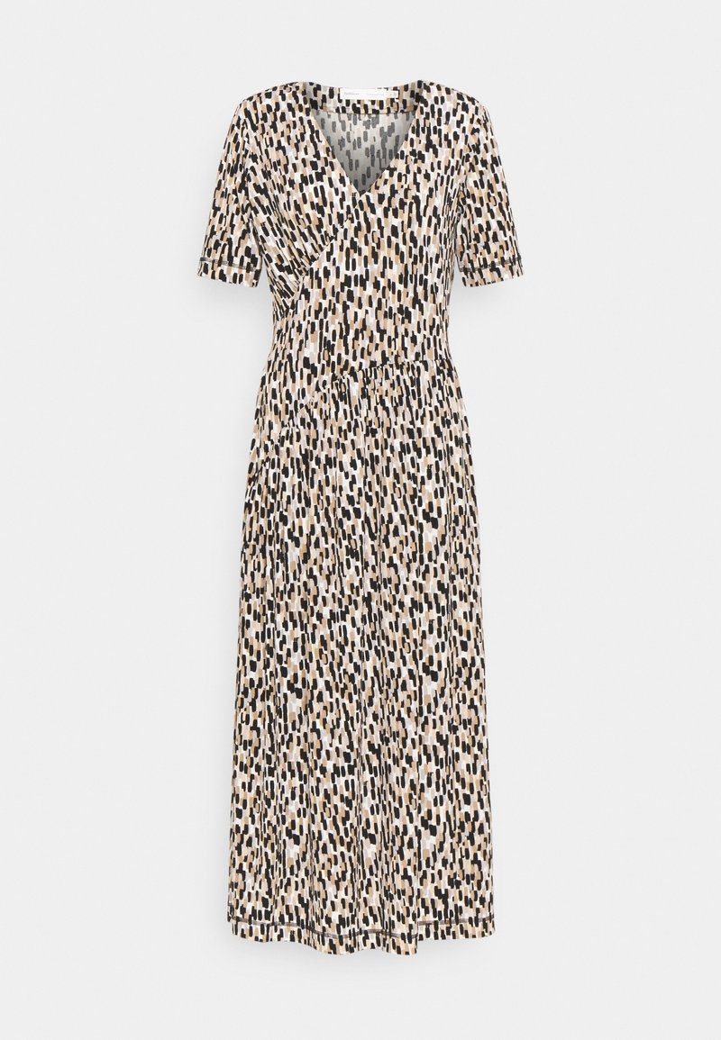 Sukně v béžové barvě s abstraktním vzorem v černé a hnědé barvě. Krátké rukávy, výstřih do V a elastický pas pro pohodlný střih. Hladký materiál.