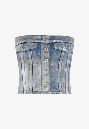Blå och vit urtvättad denim strapless korsett topp med knappstängningar och två fickor med klaff vid bysten.