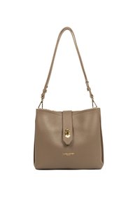 Borsa a tracolla in pelle marrone con un design strutturato, accessori in oro, pattina con chiusura magnetica e una sola tracolla regolabile.
