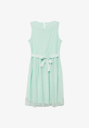 Ärmelloses helltürkisfarbenes Kleid mit kleinen silbernen Punkten, geschichtetem Rock und einem passenden Stoffgürtel, der in der Taille zu einer Schleife gebunden ist.