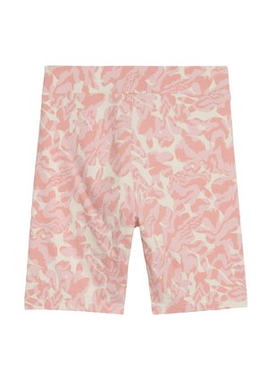 Shorts roz deschis cu un model de camuflaj ondulat, fabricate dintr-un material moale. Au talie ajustată și tiv cusut.