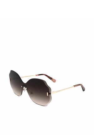 Occhiali da sole oversize con lenti a gradiente scuro smerlate e sottili aste in metallo dorato con punte in tartaruga.