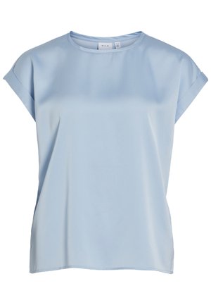 Világoskék rövid ujjú blúz kerek nyakkivágással és hajtott ujjvégekkel, sima anyagból készült, "VILA" márkajelzéssel.
