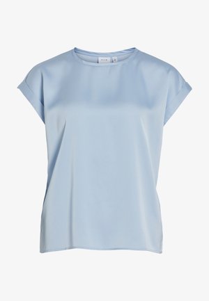 Világoskék rövid ujjú blúz kerek nyakkivágással és hajtott ujjvégekkel, sima anyagból készült, "VILA" márkajelzéssel.