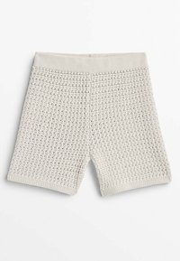 Crochet shorts in light gray with a textured, open-knit design. The waistband is elastic, providing a snug fit. Edges are finished neatly.