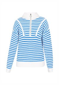 Blå och vit randig tröja med hög hals, halvdornslås och ribbade ärmslut samt nederkant. Texturen är stickad och passformen är avslappnad.