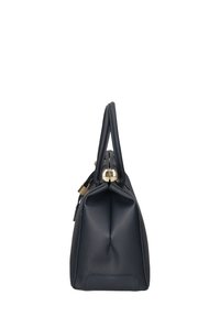 Borsa in pelle navy con forma strutturata, due manici superiori e chiusura in metallo dorato. Finitura testurizzata, design minimale.