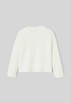Pull court blanc en tissu tricoté doux. Présente des manches longues et un col rond avec des bords côtelés. Design minimaliste.
