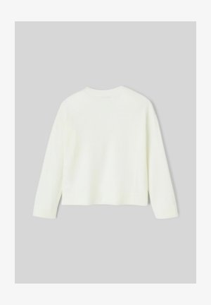 Pull court blanc en tissu tricoté doux. Présente des manches longues et un col rond avec des bords côtelés. Design minimaliste.