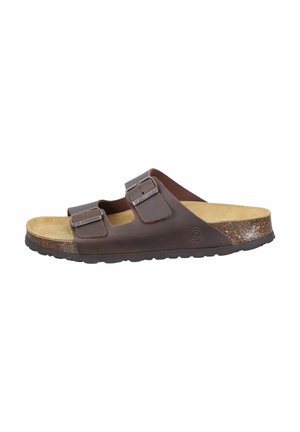 Braune Sandale mit zwei Riemen aus Leder, ausgestattet mit einem Korkfußbett und einer strukturierten Gummisohle. Die Riemen verfügen über Metall-Schnallen und ein Logo-Detail.