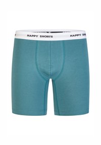 Tyrkysové boxerky s bílým páskem, na kterém je vytištěno "HAPPY SHORTS" černým písmem. Vyrobené z měkkého, elastického materiálu s hladkými švy.