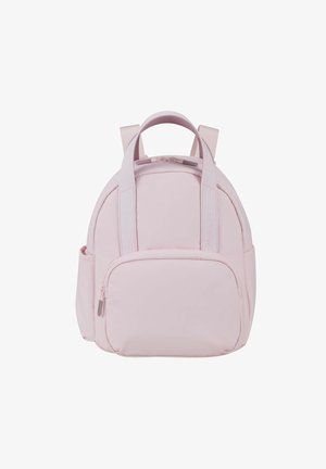 Pale pink backpack with a rounded design, featuring adjustable straps, a main zippered compartment, and a front pocket with a zipper.