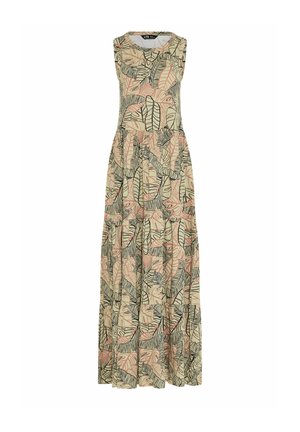 Abito lungo senza maniche con sfondo beige e stampa astratta di foglie in nero e rosa tenue, caratterizzato da un design a balze sulla gonna.