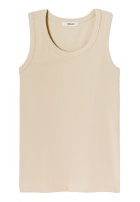 Débardeur beige en tissu côtelé, présentant un col rond et un design sans manches. Texture lisse avec des bords cousus.