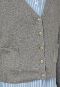 Grauer Strickcardigan mit V-Ausschnitt, fünf kunstvoll verzierten silbernen Knöpfen, gerippten Bündchen und zwei Fronttaschen. Über einem blau gestreiften Hemd getragen.