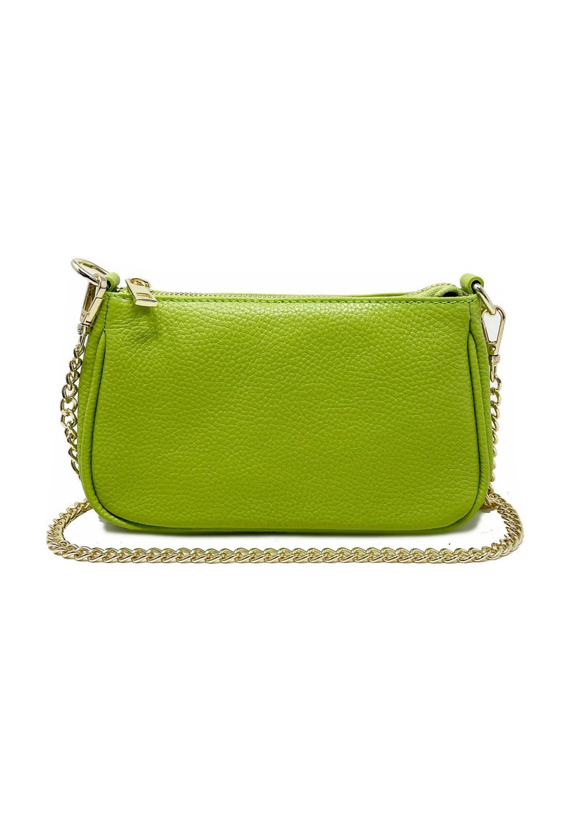 Grön läder crossover-väska med en texturerad yta, dragkedjestängning och guldkedjestraps. Rektangulär form med rundade kanter.