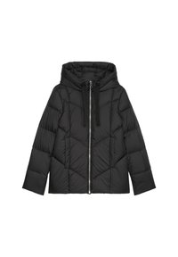 Giacca a vento nera con cappuccio, caratterizzata da un design a zigzag trapuntato, chiusura frontale con zip e lacci regolabili sul cappuccio. Texture morbida.