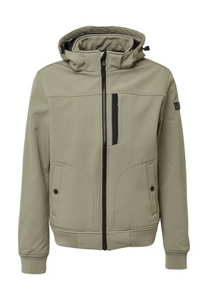 Giacca softshell verde chiaro con cappuccio, dotata di zip frontale, tasca sul petto con zip e due tasche laterali con chiusura a pressione.