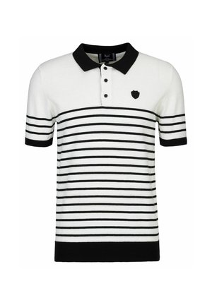 Striped short-sleeve polo shirt in white and black, featuring black collar and cuffs, three button placket, and a logo on the chest.