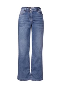 Ljust blå vida jeans med hög midja, två framfickor, två knappar och subtila blekningsmönster på tyget.
