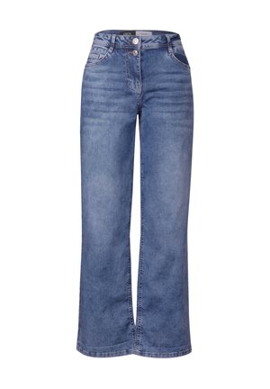 Jean large bleu clair avec une taille haute, deux poches à l'avant, deux boutons et des motifs de décoloration subtils sur le tissu.