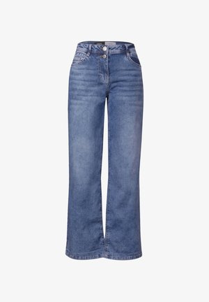 Light blue wide-leg jeans with a high waistband, two front pockets, two buttons, and subtle fading patterns on the fabric.