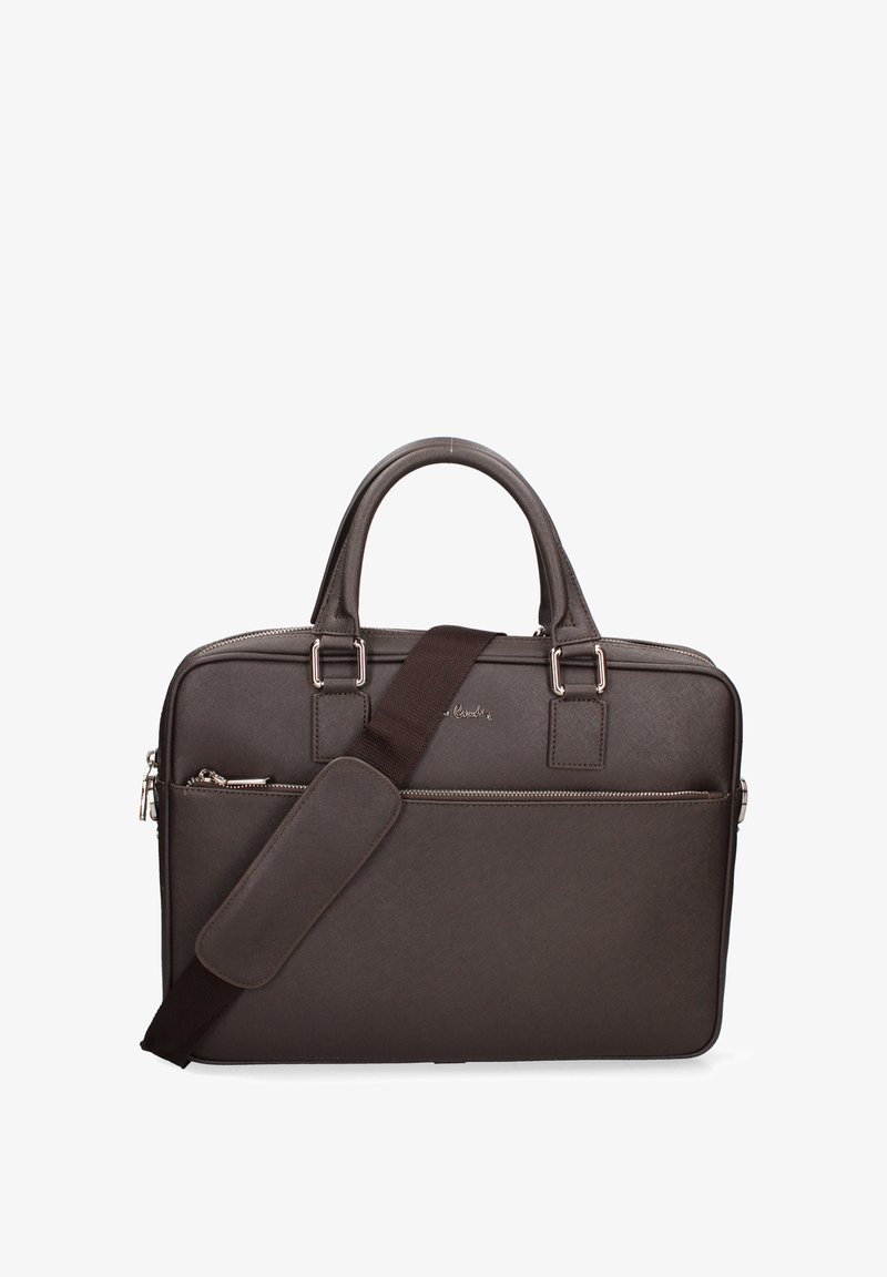 Serviette en cuir marron foncé avec double poignée, poche avant zippée et bandoulière réglable avec section rembourrée.